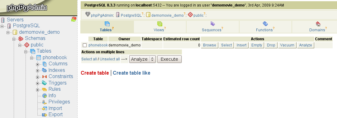 phpPgAdmin table